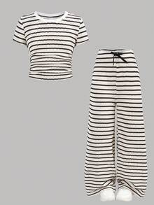 SHEIN Tween Girl 2pcs/Set Girl Knit Striped Round Neck Casual T-Shirt & Fitted Long Pants Outfit Girls Lounge Set Two Pieces Pants Set Kids Summer Lounge Set Tweens Two Pieces Pants Set Kids Tween Girl Clothes Pants Set Tween Matching Set Knit Girls Co Ord Set School Tops Teen Girls Striped Two Piece Two Piece Maxi Set For Girls Young Girls Casual Versatile A Effect Jumpsuit Pant