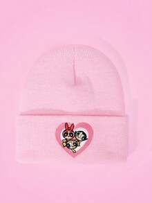 THE POWERPUFF GIRLS X SHEIN 1pc Knitted Beanie Hat With Cartoon Embroidery Pattern, Fashionable Street Riding Gift Choice - A - View 5