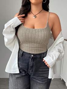 SHEIN EZwear Plus Size Apricot Ribbed Camisole Top With Built-In Bra, Suitable For Early Autumn - Apricot - View 5
