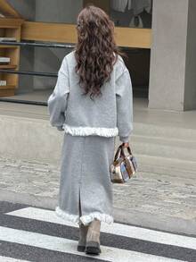 DAZY 女童圆领抓绒印花长袖卫衣+荷叶边半裙两件套，秋季 - 灰色 - 查看 3