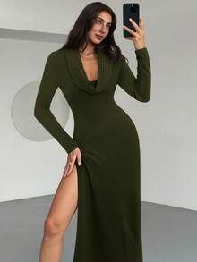 Aloruh Autumn/Winter Minimalist Turtleneck Long Sleeve Bodycon High Slit Knit Sweater Dress, Versatile For Daily Wear - Army Green - View 7