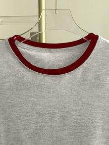 Franclia 女士休闲撞色滚边短袖圆领T恤，灰色 - 淺灰色 - 查看 3