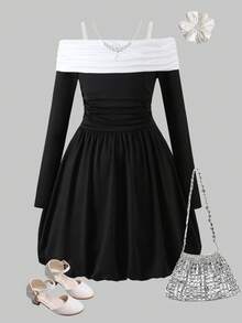 SHEIN Tween Girls' Black And White Elegant Evening Party Dress,Autumn Off-Shoulder Snug Fit Knit Holiday Outfit,Teenage Girls' Prom Summer Vacation Dress - Black - View 2