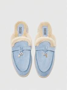 CUCCOO BIZCHIC Giày lười đế bệt màu xanh da trời thời trang nữ, chất liệu lông giả dày dặn, thoải mái, thích hợp cho hoạt động ngoài trời, đi làm, mặc hàng ngày - Màu xanh nhạt - Xem 1