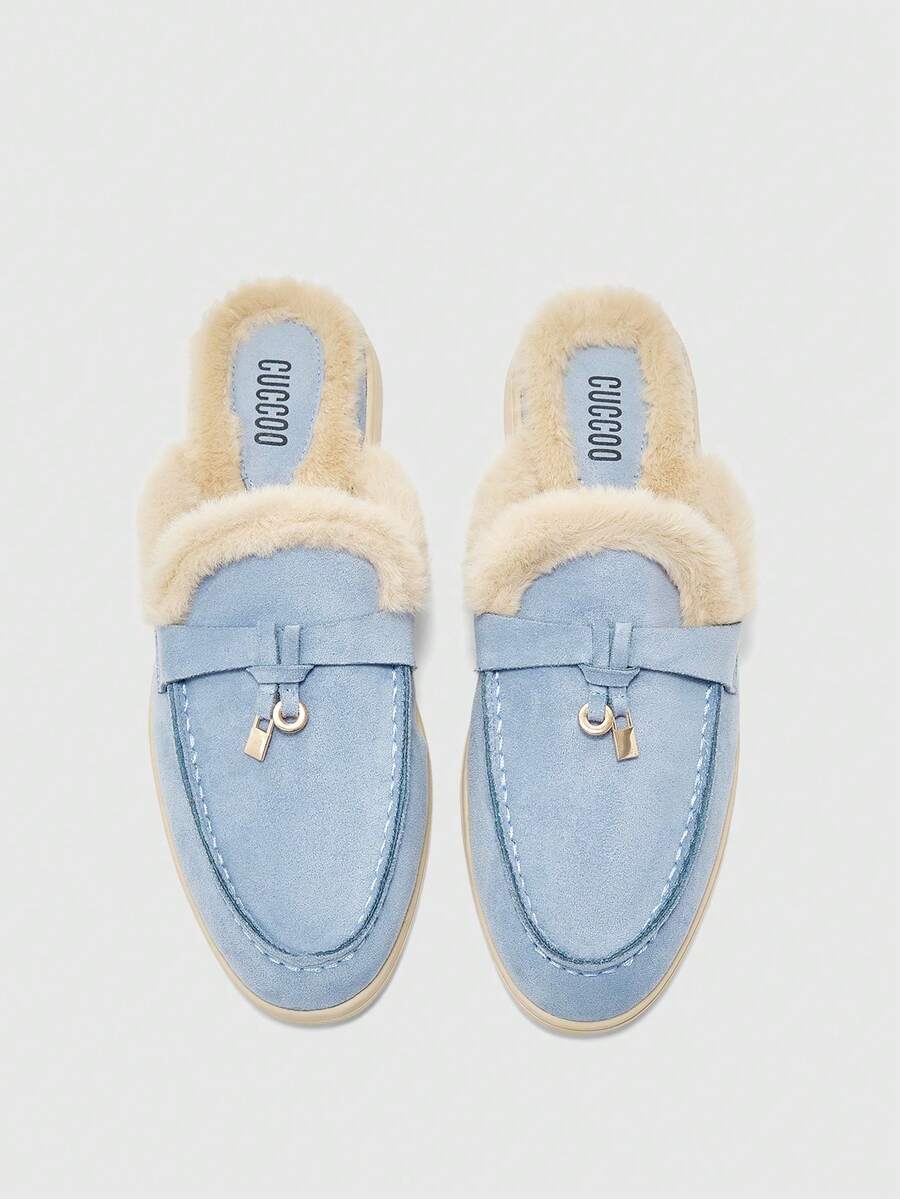 CUCCOO BIZCHIC Giày lười đế bệt màu xanh da trời thời trang nữ, chất liệu lông giả dày dặn, thoải mái, thích hợp cho hoạt động ngoài trời, đi làm, mặc hàng ngày - Màu xanh nhạt - Xem 1