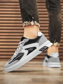 Zapatos de skate de moda para hombre, zapatos de tenis con bloques de color para hombre, zapatos casuales con cordones con bloques de color, zapatos planos con cordones de material PU, zapatos de skate clásicos para hombre, adecuados para estudiantes y adolescentes, adecuados para caminar, deportes, actividades, fitness, citas y uso diario. - Gris negro - Ver 4
