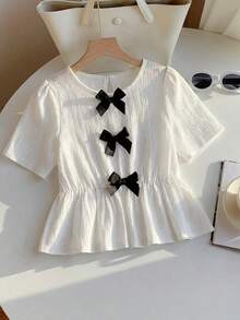 Blusa casual de vacaciones para niñas preadolescentes con cuello redondo, manga corta, volantes y diseño 3D de mariposas - Blanco - Ver 5
