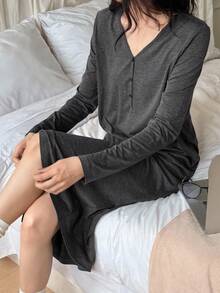 DAZY 极简针织半拉链宽松长款连衣裙家居服（女士款） - 深灰色 - 查看 1