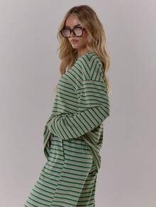 MUSERA 条纹落肩宽松长袖纽扣领上衣，可爱酷女孩舒适秋季日常清新女孩休闲田园风复古奶油糖色优雅Y2K春夏 - 綠色 - 查看 4