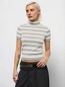 COUREZ High Neck Short Sleeve Stripe Knit Top /Y2K Spring Going Out Tops Black Top Sexy Going Out Cue Tops Festival - Grey - View 4
