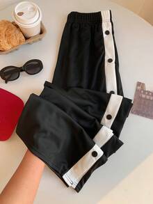 SHEIN EZwear Quần ống rộng cài nút tương phản đơn giản cho nữ - màu đen - Xem 3