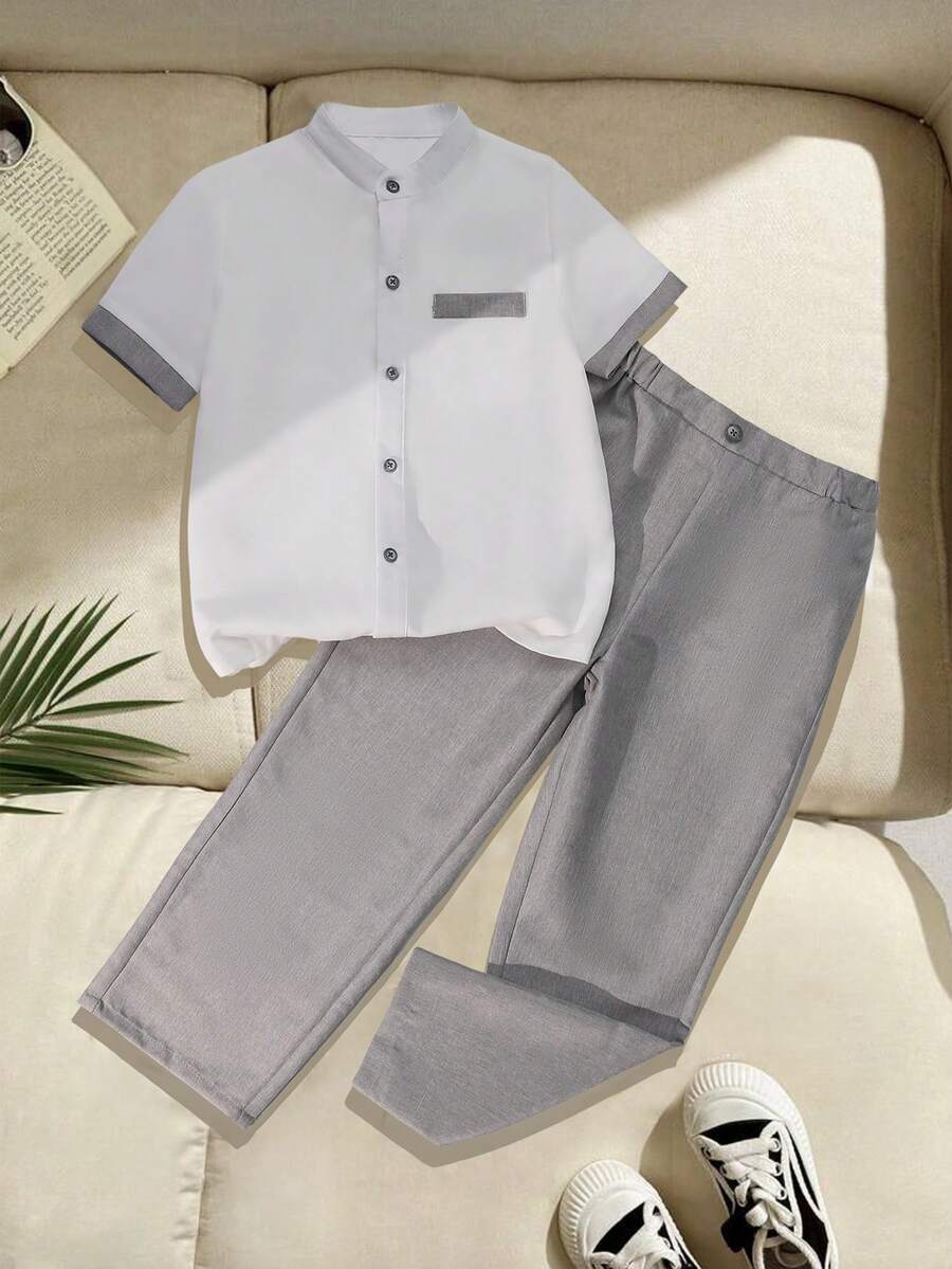 2 pezzi Completo da Ragazzo Elegante - Camicia a Contrasto + Pantaloni, Abito Formale per Festa di Compleanno, Matrimonio, Laurea, Anniversario - Grigio - Visualizzare 1