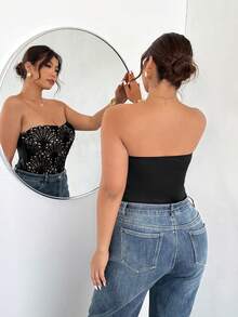 SHEIN Privé Frauen Große Größen Spitze modischer sexy Bandeau Bodysuit - Schwarz - Übersicht 8