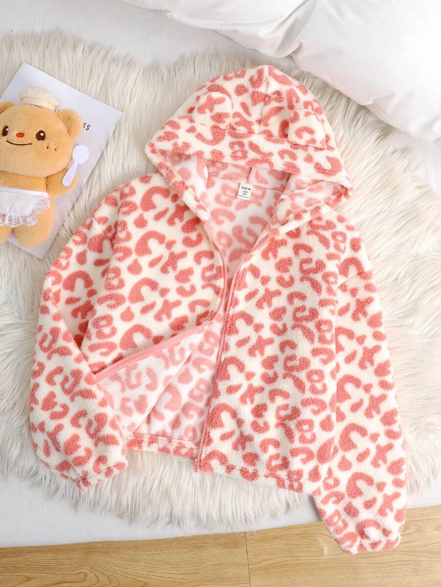 SHEIN Tween Girls' Casual Reversible Thermal Lined Thick Cute 3D Ear Hooded Short Teddy Jacket Coat, Autumn/Winter - Baby Pink - View 1