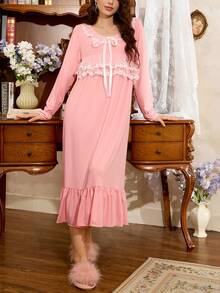 Elegant Romantic Embroidered Mesh Lace Bow Tie Decor Flare Sleeve Ruffle Hem Women Nightgown, Suitable For Valentine's Day - Coral Pink - View 6