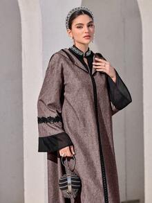 Al Najma Đầm Abaya có mũ trùm đầu phối ren, màu tương phản dành cho nữ - Đỏ - Xem 4