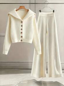 GlowEve CURVE Plus Size Women 2 Pieces Knit Set: Collared Cardigan + Pants Winter - Beige - View 1