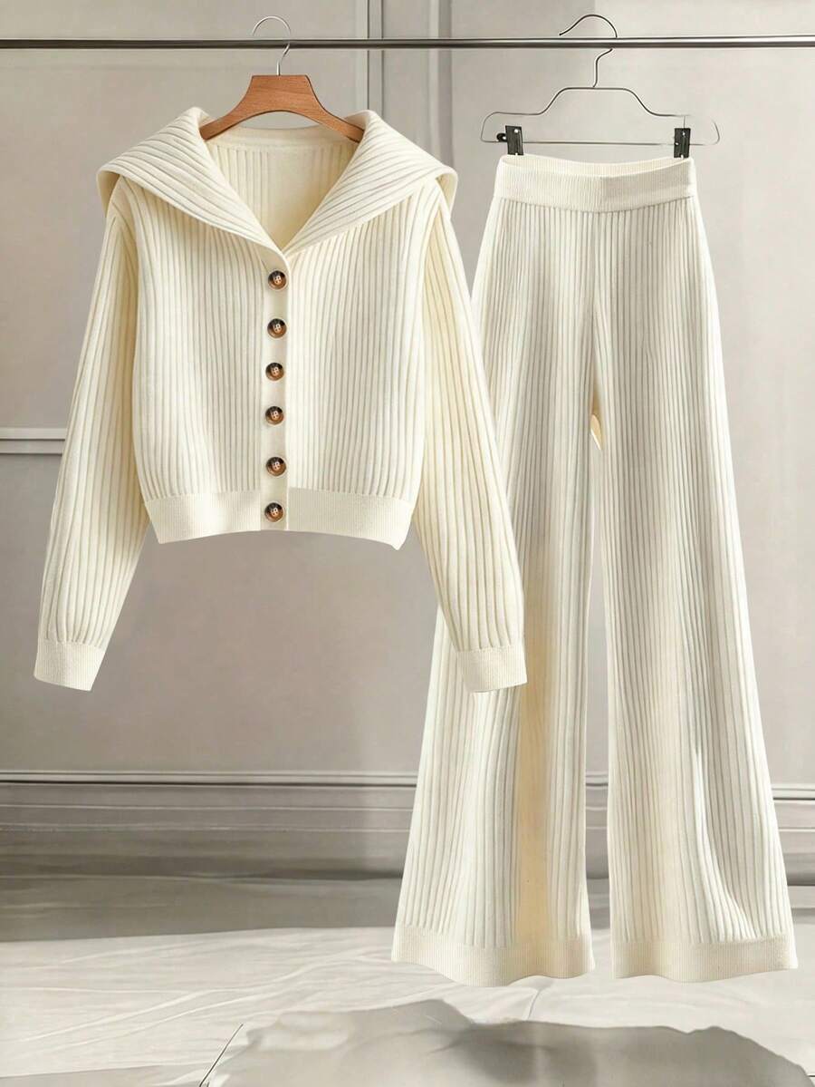 GlowEve CURVE Plus Size Women 2 Pieces Knit Set: Collared Cardigan + Pants Winter - Beige - View 1