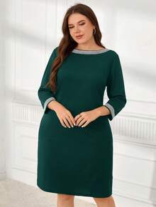 EMERY ROSE Plus Size Simple Daily Wear Round Neck Long Sleeve Dress - Dark Green - View 3