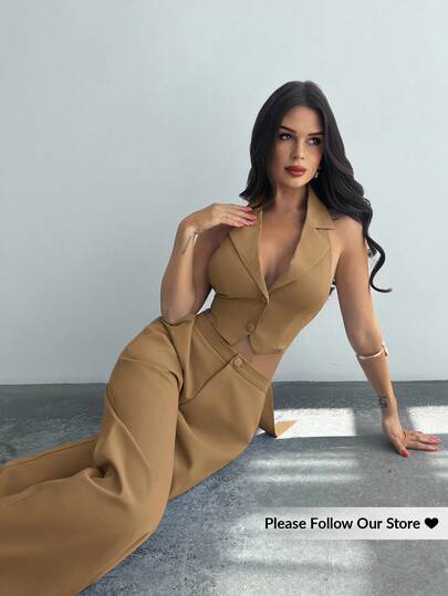 Firerie Conjunto de 2 piezas elegante, romántico y sexy de estilo grácil con escote halter y espalda descubierta en gris y azul, adecuado para fiesta, vacaciones en la playa, vuelta al colegio, cita romántica, temporada de bodas, cumpleaños, Pascua, atuendo de primavera/verano