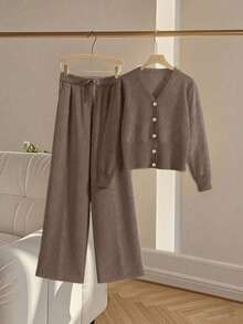 Franclia 2pcs/Set Women Casual Loose Knit Sweater & Pants Loungewear Set, Comfortable & Minimalist Design - Rust Brown - View 5