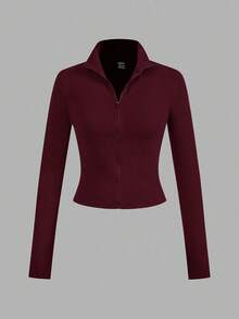 SHEIN EZwear 两件装酒红色和藏蓝色针织拉链长袖T恤，女士款，春/秋/冬 - 彩色 - 查看 5