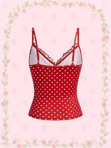 Strawberry Shortcake | ROMWE Áo hai dây ôm dáng kiểu dáng thường ngày đồng quê dành cho nữ, họa tiết hoạt hình dễ thương và chấm bi, viền bèo tương phản, thích hợp cho mùa hè. - Đỏ - Xem 2