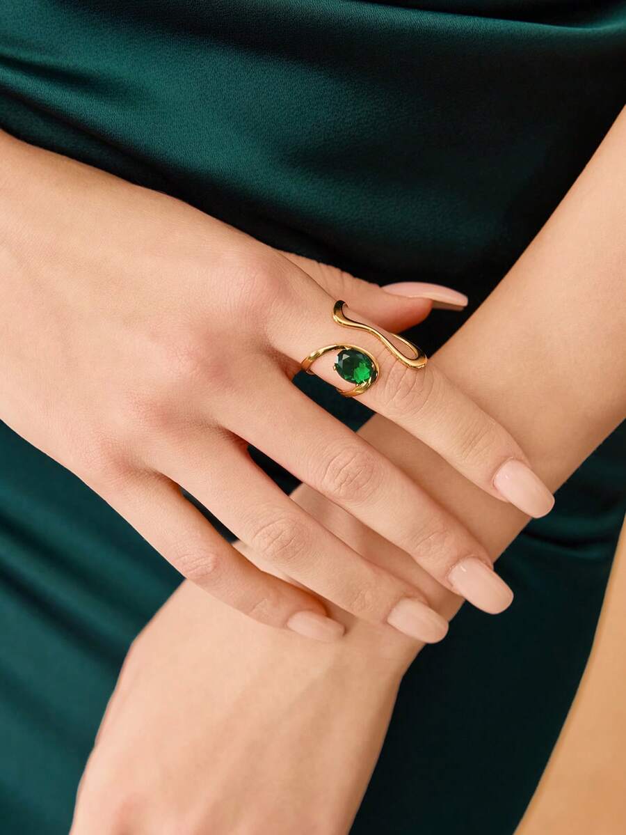 MOTF PREMIUM CINCIN TERBUKA GEOMETRIS ELEGAN BERLAPIS EMAS 18K - Hijau keemasan - View 1
