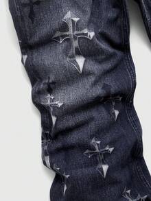 ROMWE MEN Jeans con pierna acampanada y bolsillo con diseño de cruz para hombres - Negro - Ver 4