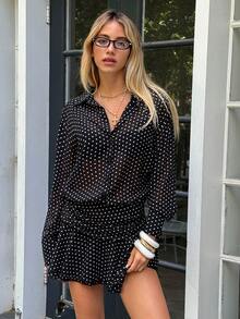 SHEIN EZwear 女式时尚通勤黑色波尔卡圆点中长连衣裙 - 黑與白 - 查看 1