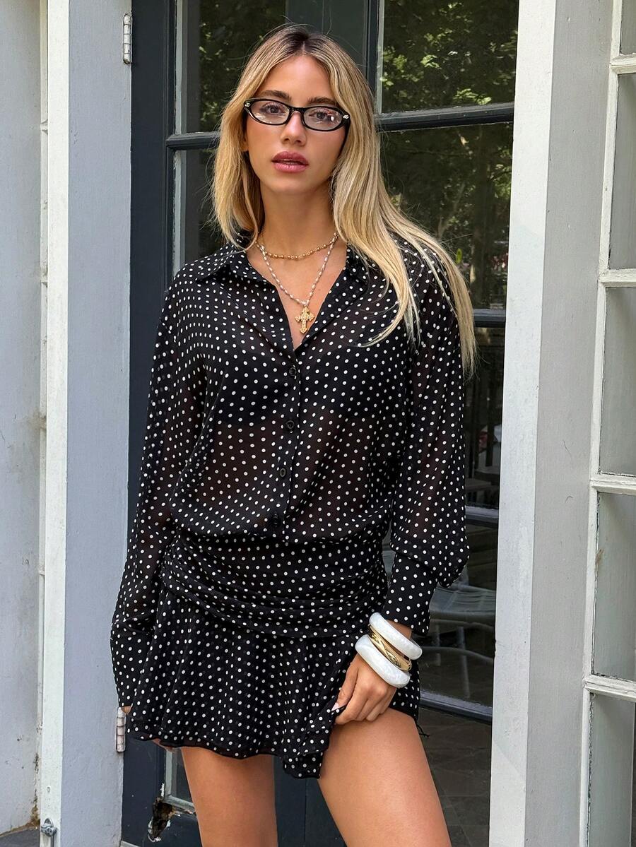 SHEIN EZwear 女式时尚通勤黑色波尔卡圆点中长连衣裙 - 黑與白 - 查看 1