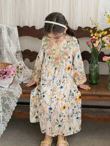 SHEIN Tween Girl Floral Print Ribbon Trim V-Neck Long Sleeve Loose Dress - Multicolor - View 6