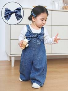 SHEIN 女婴3D蝴蝶结装饰蓝色牛仔宽松连体裤 - 深色水洗藍 - 查看 7