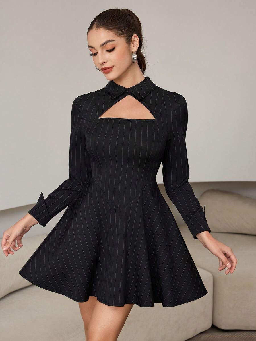 Modelyn 女士黑色竖条纹镂空设计时尚优雅约会之夜迷你连衣裙，秋冬款