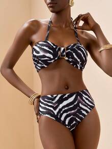 Zivah New Stylish Animal Print Detachable Strap Swimwear Bikini Set, Suitable For Vacation, Beach, Pool Party - Black and White - View 2