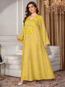 SHEIN Najma 大码女式紫色花卉做旧纹理数码印花V领长袖优雅阿拉伯风格长裙，春夏款 - 彩色 - 查看 1