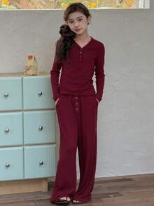 DAZY Tween Girls V-Neck Knit Long Sleeve Top And Pants Pajama Set, Fall - Burgundy - View 3