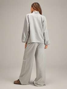 女士拉链长袖上衣和松紧腰裤家居服套装，冬季服装 - 淺灰色 - 查看 2