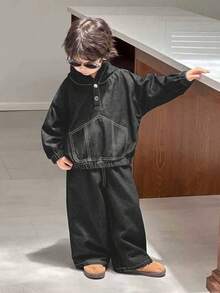 Dazy Kids 2pcs/Set Young Boys' Loose Casual Denim Jacket And Straight Leg Jeans Outfit, Autumn Spring - Dark Grey - View 2