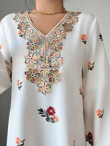 Yasmyna Women's Elegant Floral Print V-Neck Patchwork Lace Sequin Applique Flare Sleeve Loose Arabic Abaya Robe Dress Modest Caftan Dress - White - View 4