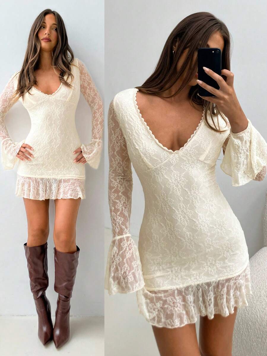 Aloruh Đầm ngắn ôm sát tay loe xếp tầng, cổ chữ V, phối ren, viền bèo nhún, thích hợp cho nữ, phù hợp cho mùa đông, mùa hè, ngày Valentine, năm mới, tiệc tùng, thanh lịch. - Màu be - Xem 1