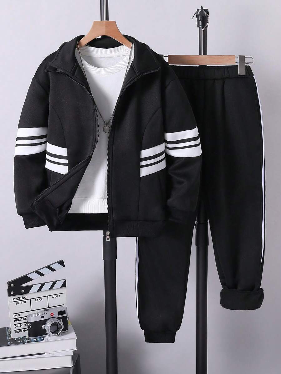 SHEIN Explorewe 男童条纹连帽长袖外套和裤子休闲套装(2件套) - 黑色 - 查看 1