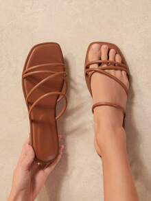 SHUZIA #SummerEssential Women's Square Toe Multi-Strap Metallic PU Gold Slide Sandals – Minimal, & Comfortable - Maroon - View 2