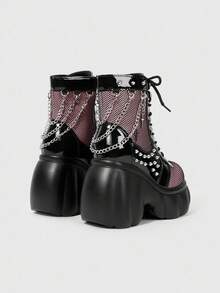 ROMWE Grunge Punk 女士紫色圆头厚底哥特朋克风踝靴，鞋底厚实，饰有交叉搭扣铆钉链条。 - 粉色 - 查看 4