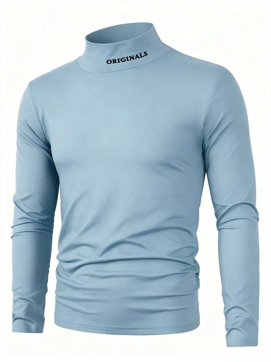 Manfinity Homme Áo thun dài tay cổ cao in chữ dành cho nam, kiểu dáng thường ngày, đa năng. - Màu xanh nhạt - Xem 1