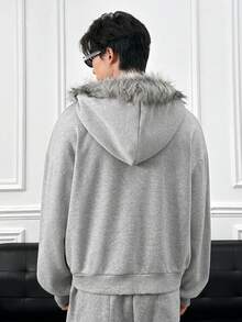 ESTAVOR 男士秋冬开衫卫衣，带毛领和帽子，休闲宽松款，饰有刺绣图案 - 淺灰色 - 查看 3