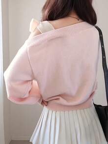 FRIFUL Women's Contrast Color Asymmetrical Shoulder Drop Shoulder Bow Loose Casual Versatile Sweater, Autumn/Fall - Pink - View 2