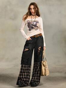 ROMWE EDITION Quần jean 2 trong 1 cạp siêu thấp dáng rộng phối nhiều mảnh vải kẻ caro kiểu retro - Nhiều màu - Xem 8
