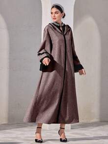 Al Najma Đầm Abaya có mũ trùm đầu phối ren, màu tương phản dành cho nữ - Đỏ - Xem 7