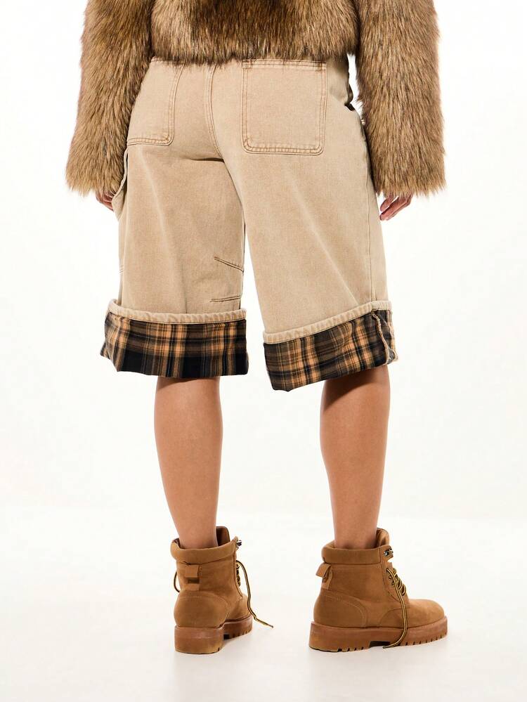SUMWON WOMEN Carpenter Shorts With Plaid Turn Up Hem